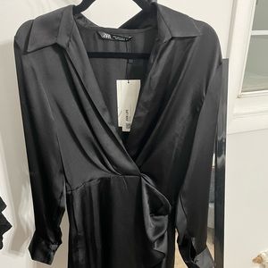 Zara Black Short Satin Effect Dress with Lapel Collar Sz Med
